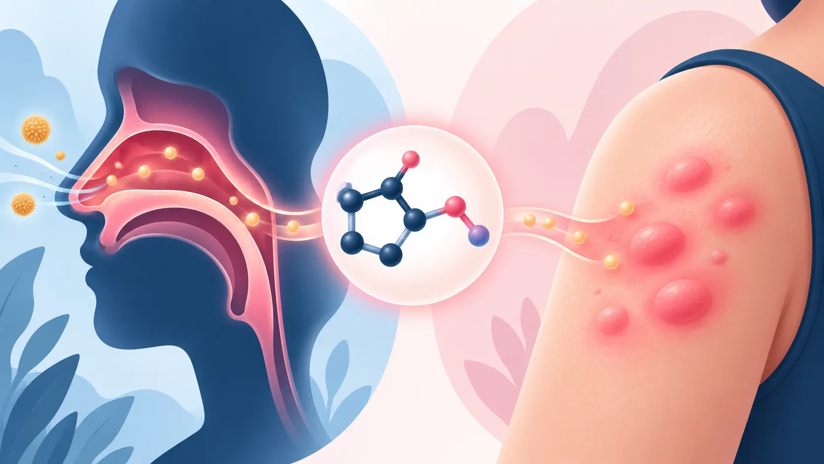 An illustration split between a nasal passage and a patch of skin with bumps, connected by a single histamine molecule icon