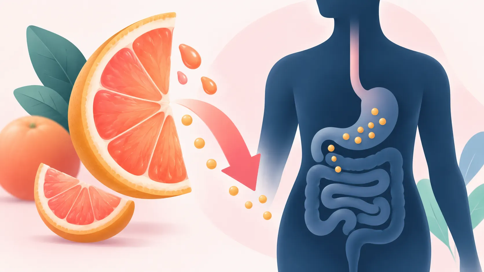 A citrus slice with a downward arrow representing reduced fexofenadine absorption