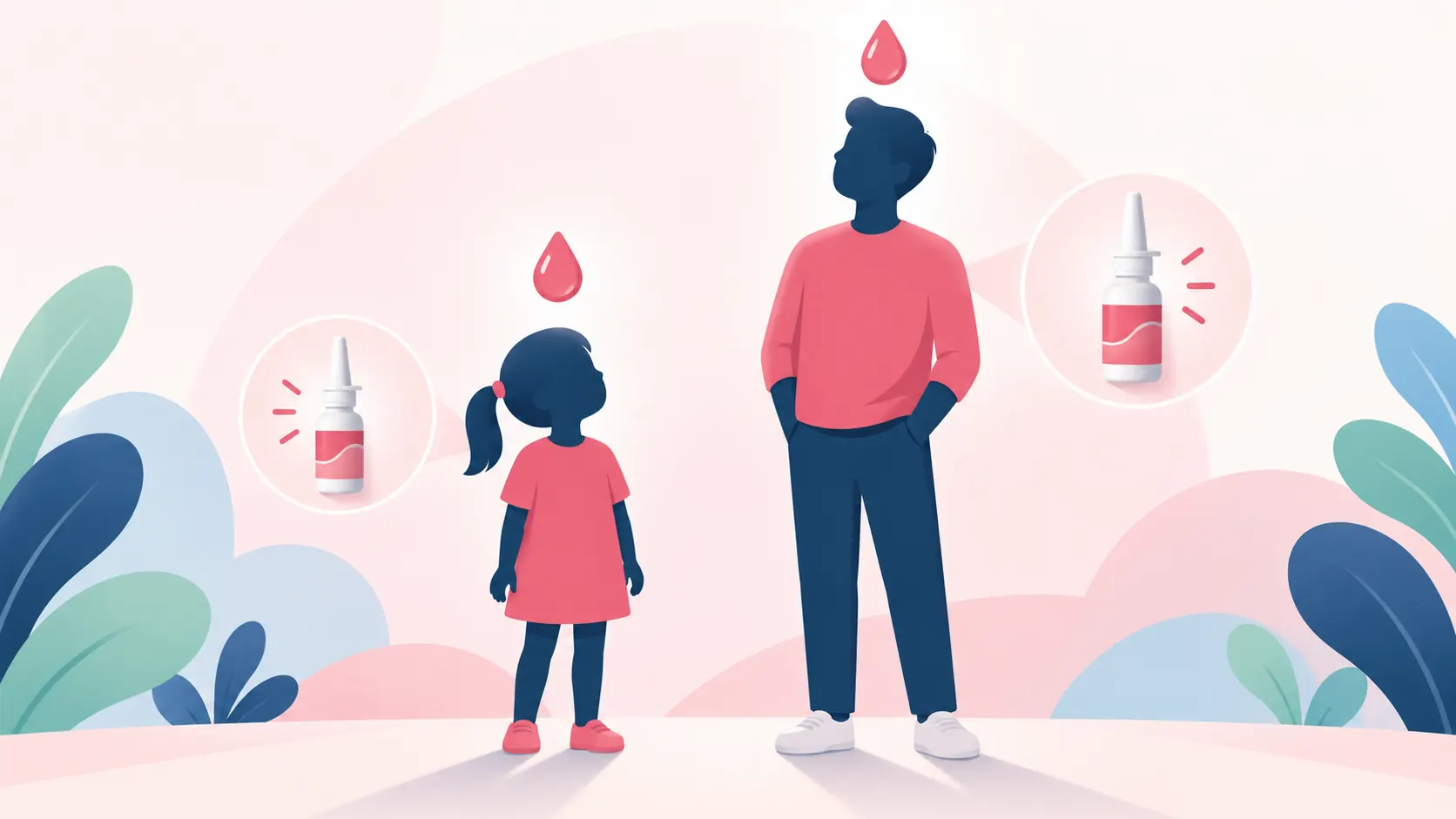 Two abstract figures, a smaller child and a larger adult, each with a matching spray bottle icon
