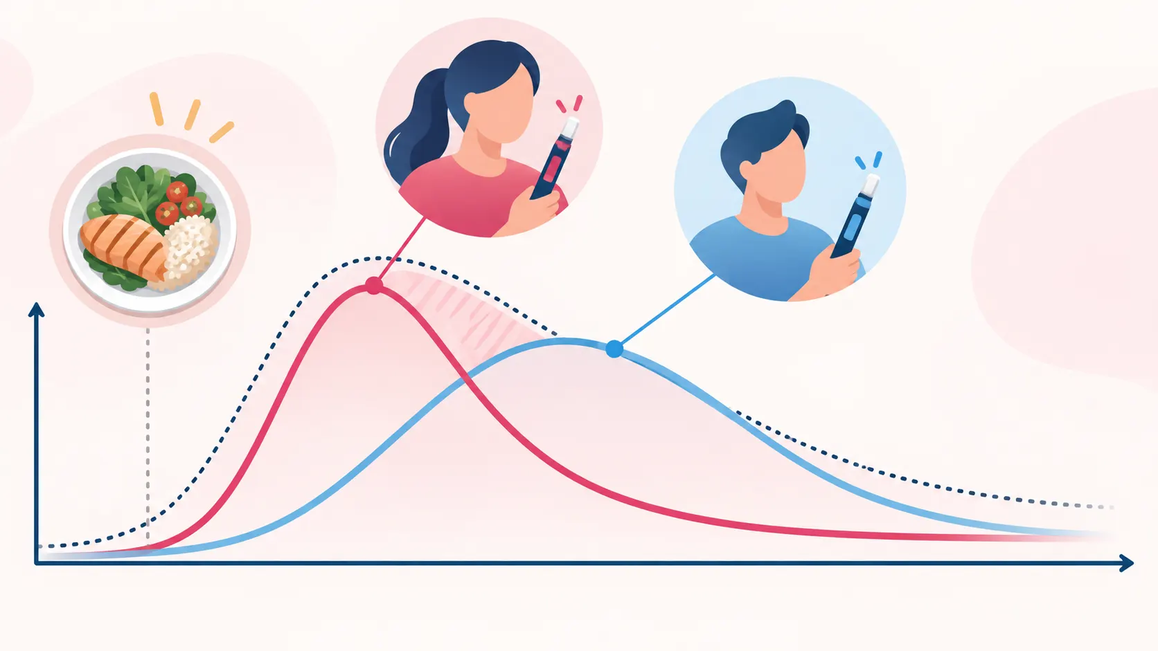 A meal timing illustration showing insulin action curves aligning with a rising glucose wave for Fiasp versus Novolog