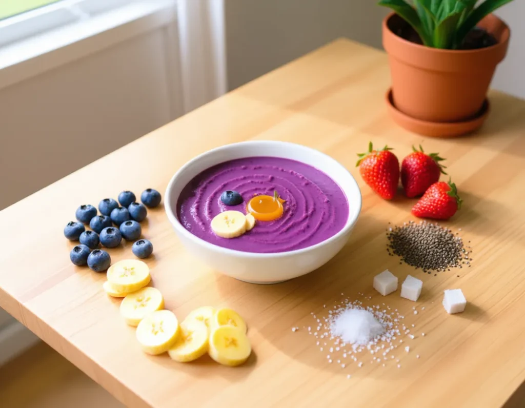 Flat lay of healthy acai bowl ingredients including unsweetened puree, berries, nuts and seeds