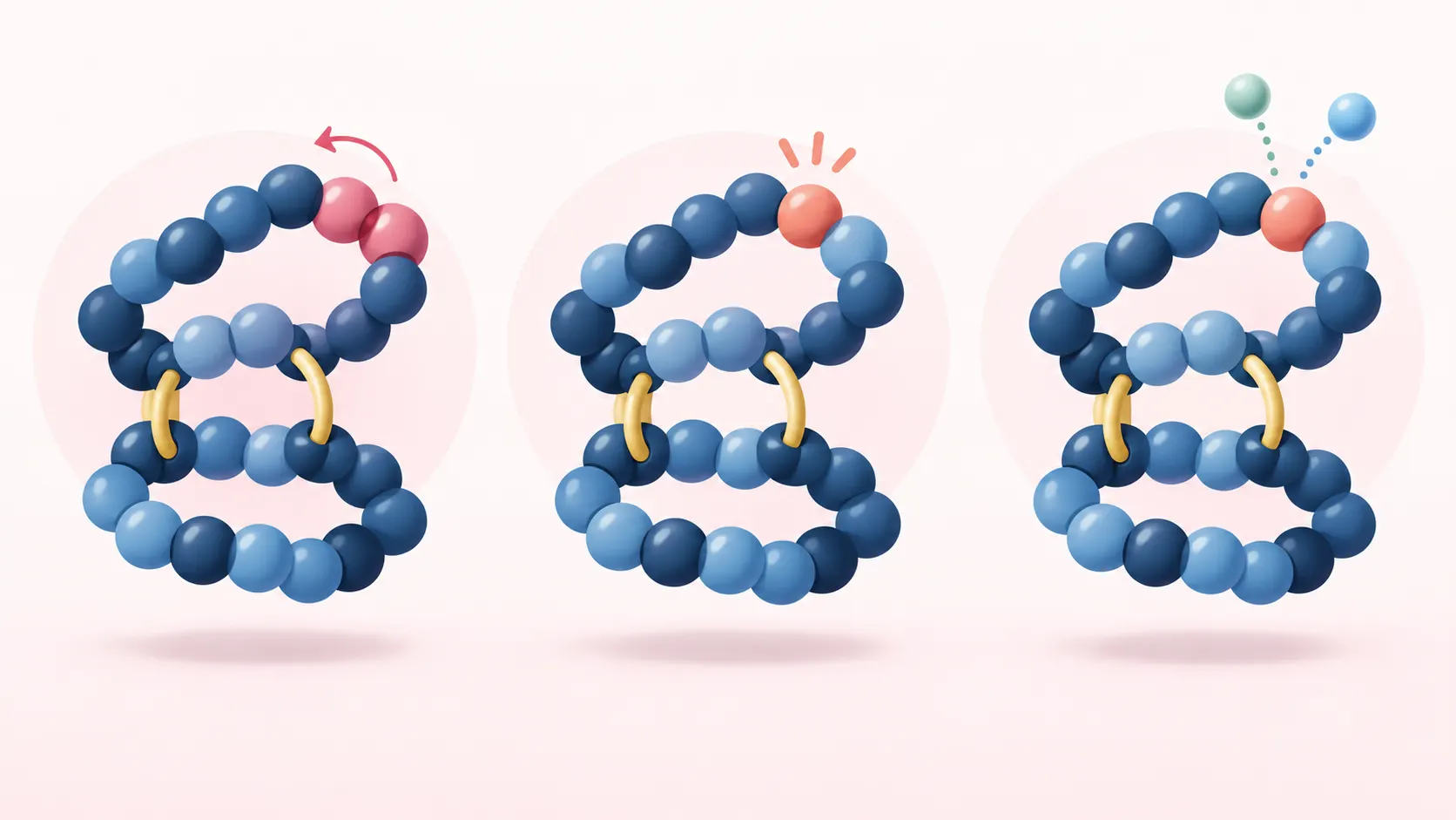 Three nearly identical insulin molecule shapes each with a small distinguishing accent representing lispro, aspart, and faster aspart