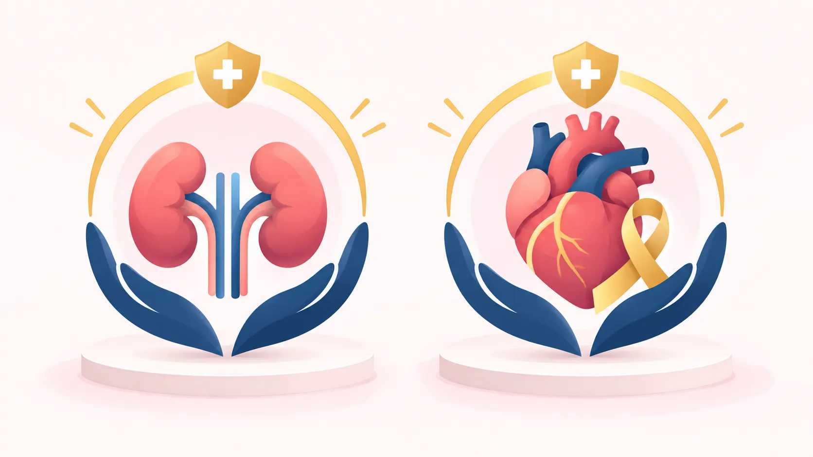 A kidney icon with a protective arc and a heart icon with a protective arc representing the CREDENCE and EMPA-REG trials
