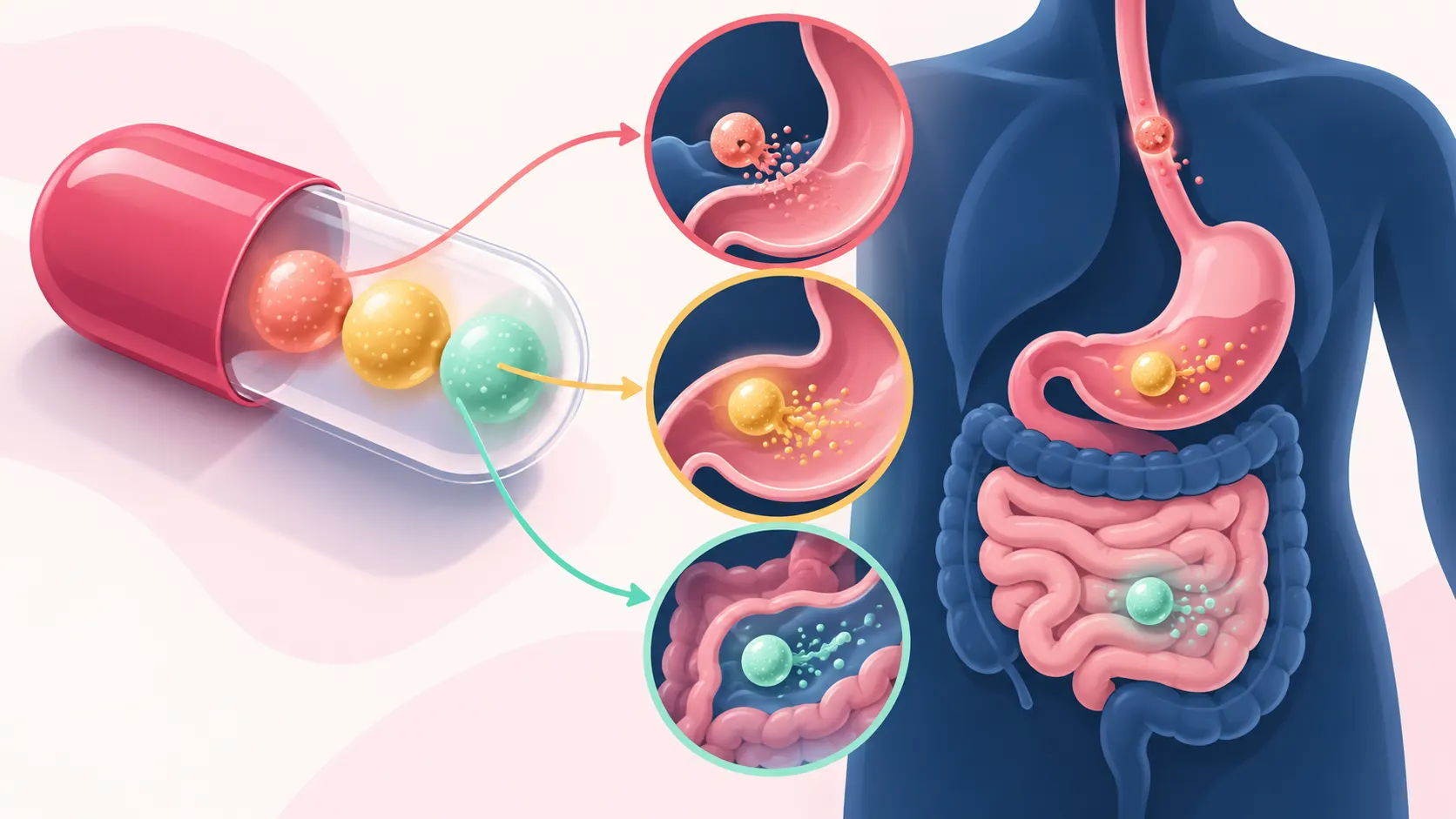 Cutaway diagram of the three bead Mydayis capsule releasing along a digestive tract