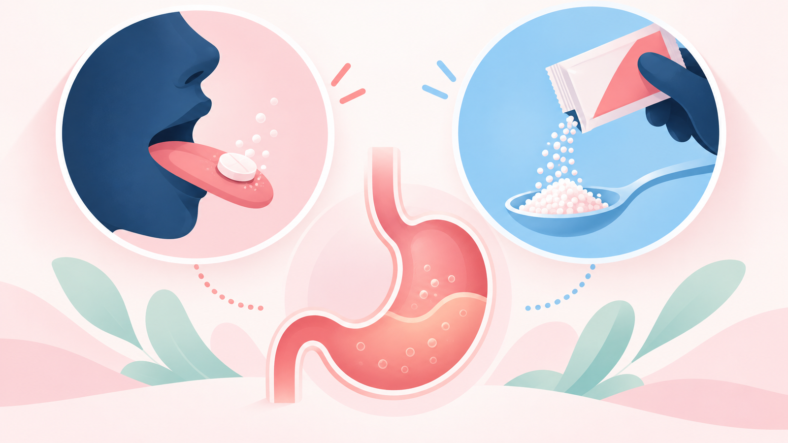 Icons showing a dissolving tablet and an oral suspension packet representing Nexium and Prevacid formulation options