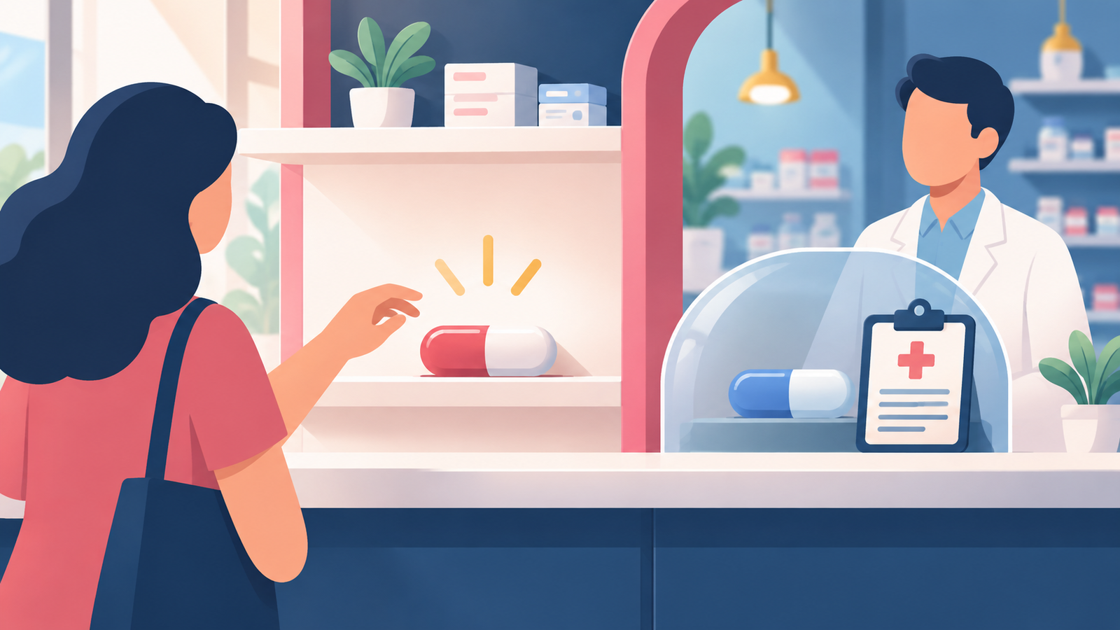 Pharmacy counter icon showing one capsule accessible and one behind a prescription barrier