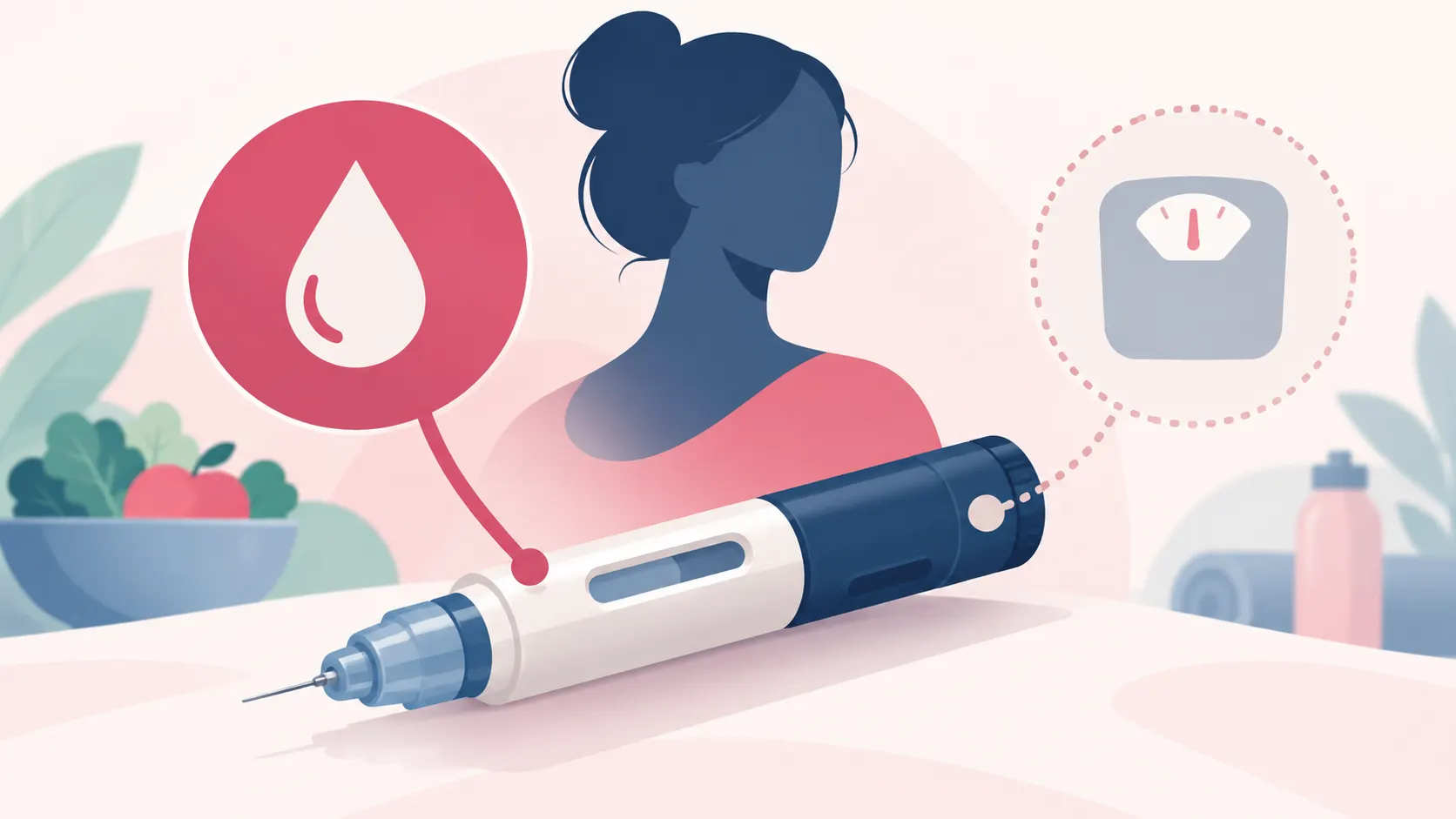 Two badges showing a glucose drop icon for diabetes and a fainter scale icon for weight, attached to an injection pen