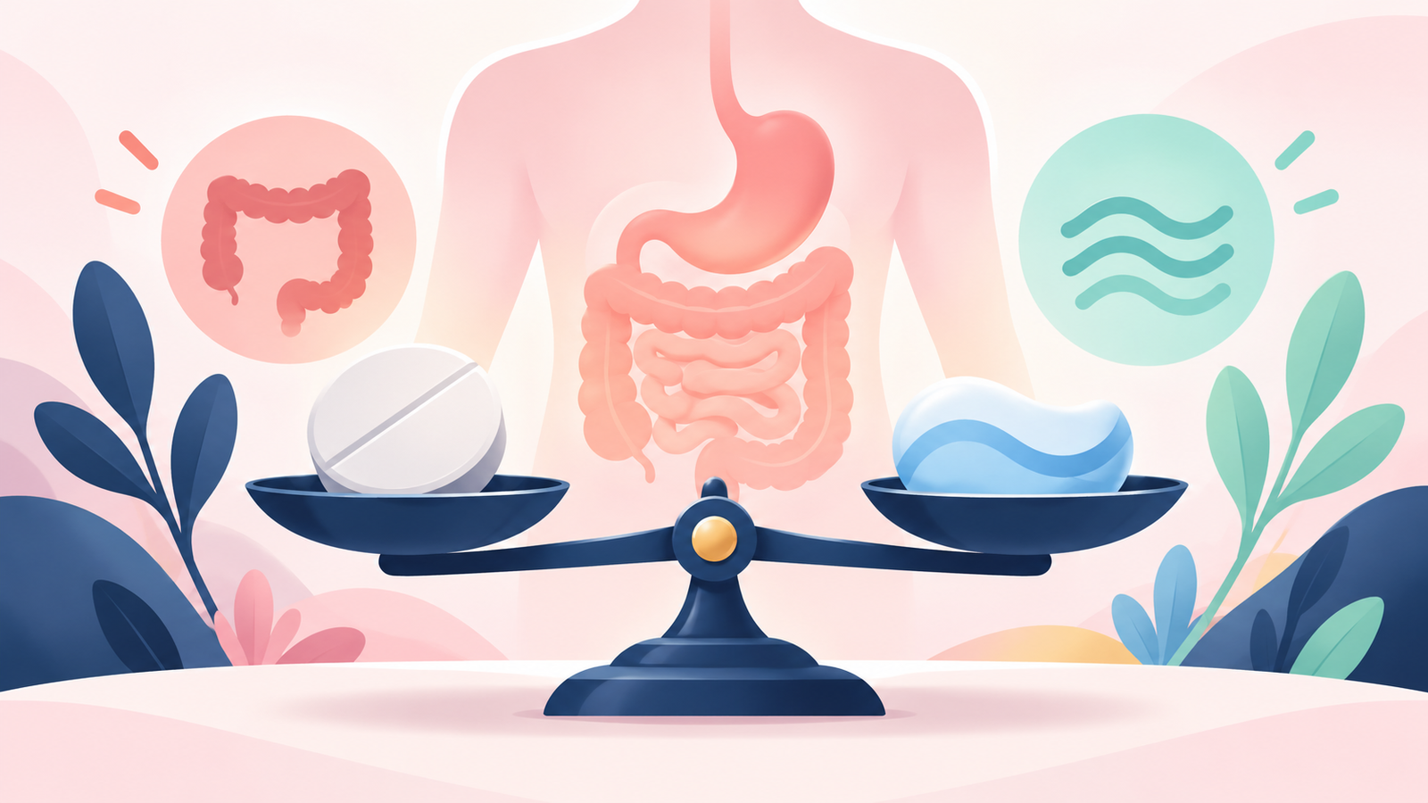 A balance scale icon showing the offsetting bowel effects of calcium and magnesium antacids