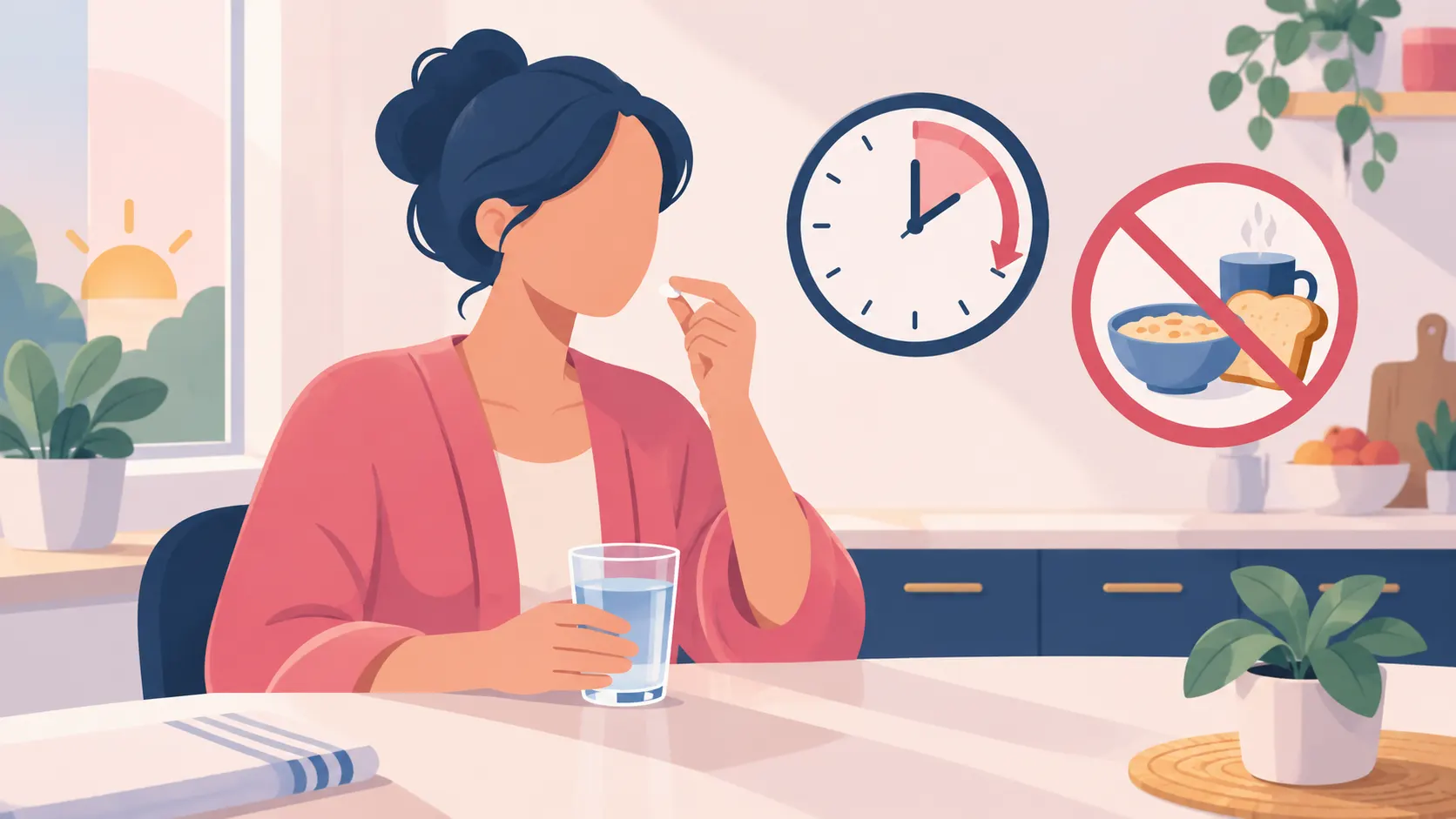 A morning routine illustration showing a tablet, a small glass of water, and a clock representing the Rybelsus thirty minute wait