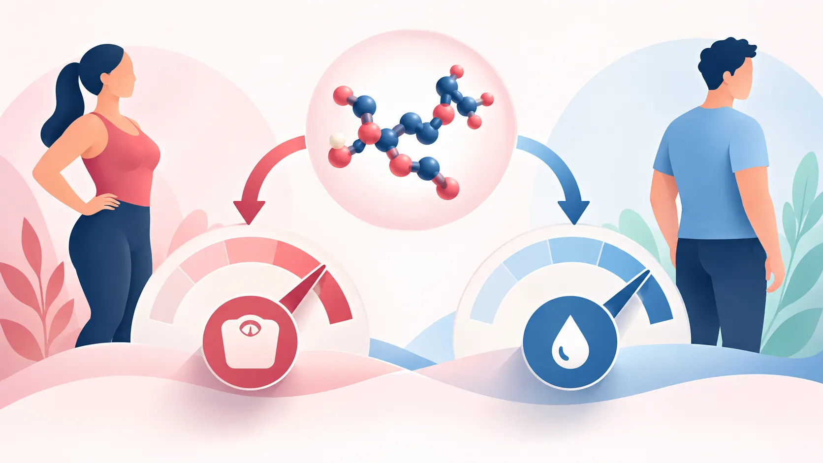 A molecule icon with two dial arrows pointing toward a scale icon and a glucose drop icon