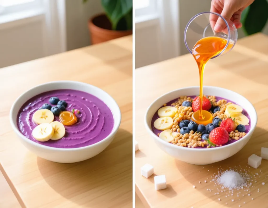 Comparison of healthy vs commercial acai bowls showing sugar content difference with sugar cubes