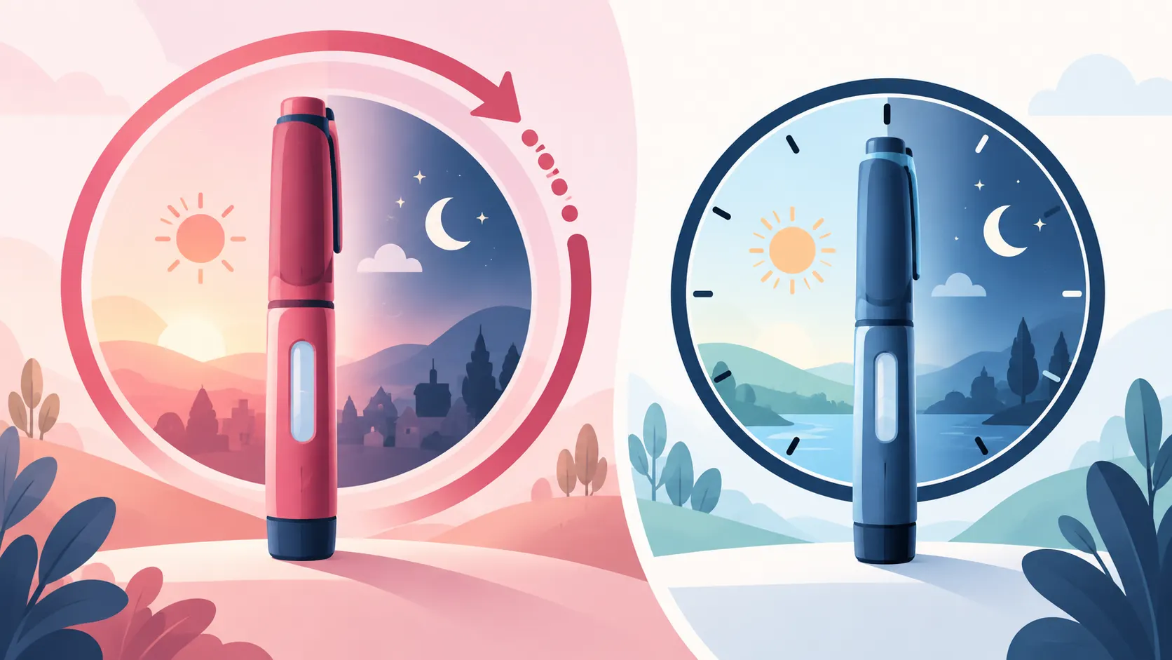 A daily schedule illustration showing rigid clock hands versus a wider flexible dosing window