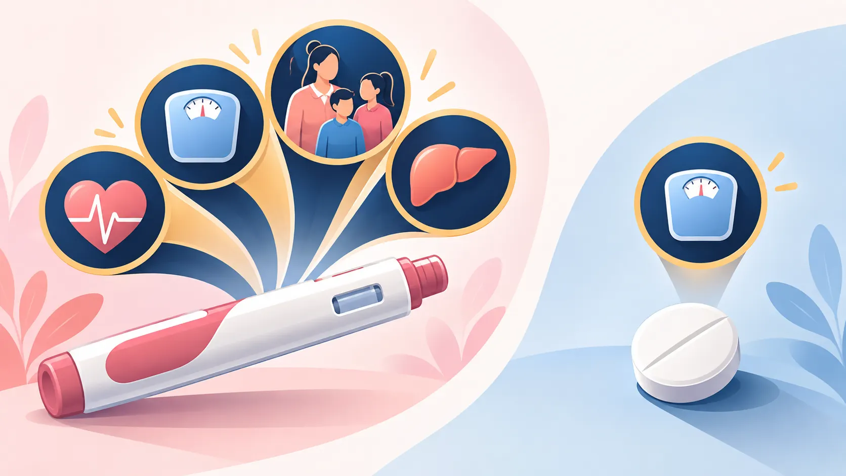 A fan of small icons representing the expanding Wegovy label versus a single badge for phentermine