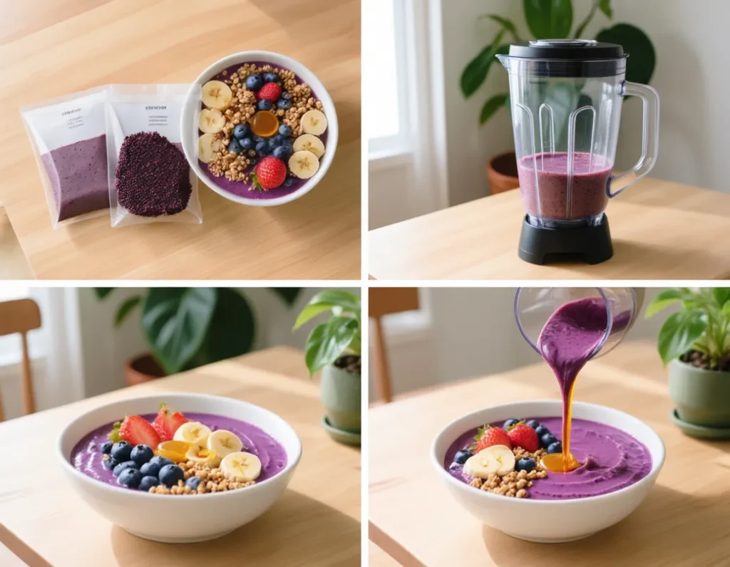 Step-by-step process of making an acai bowl from frozen puree to finished bowl with toppings