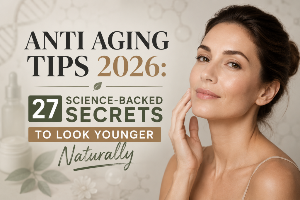 A beautiful woman face on blog title with Anti aging tips