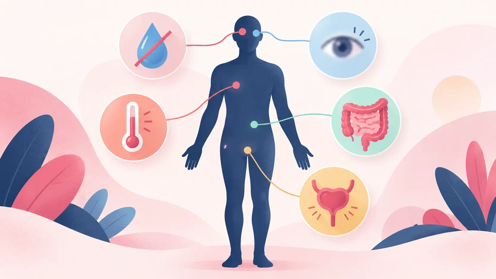Body silhouette with icons for common anticholinergic side effects of biperiden