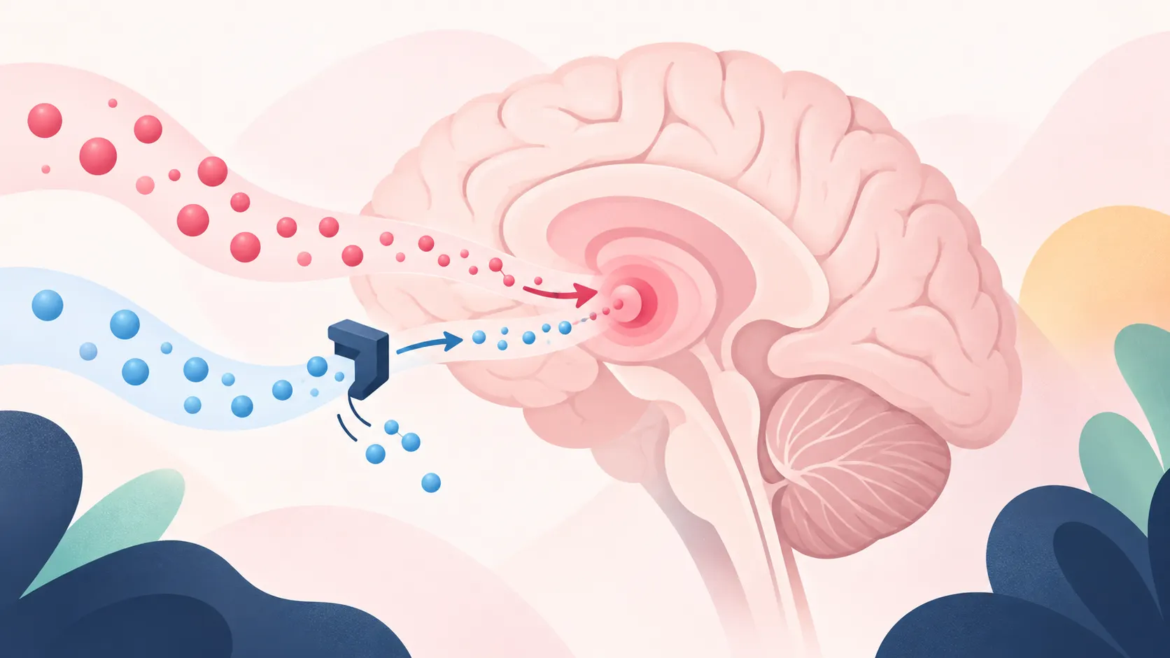 Brain diagram showing biperiden blocking acetylcholine in the striatum