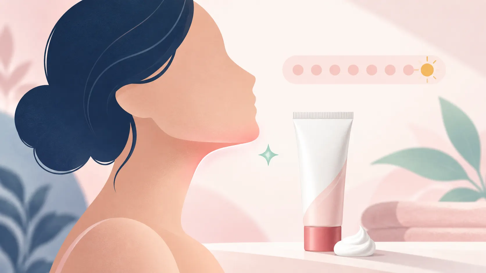 Face silhouette with a cream tube and an eight-week calendar for Vaniqa results