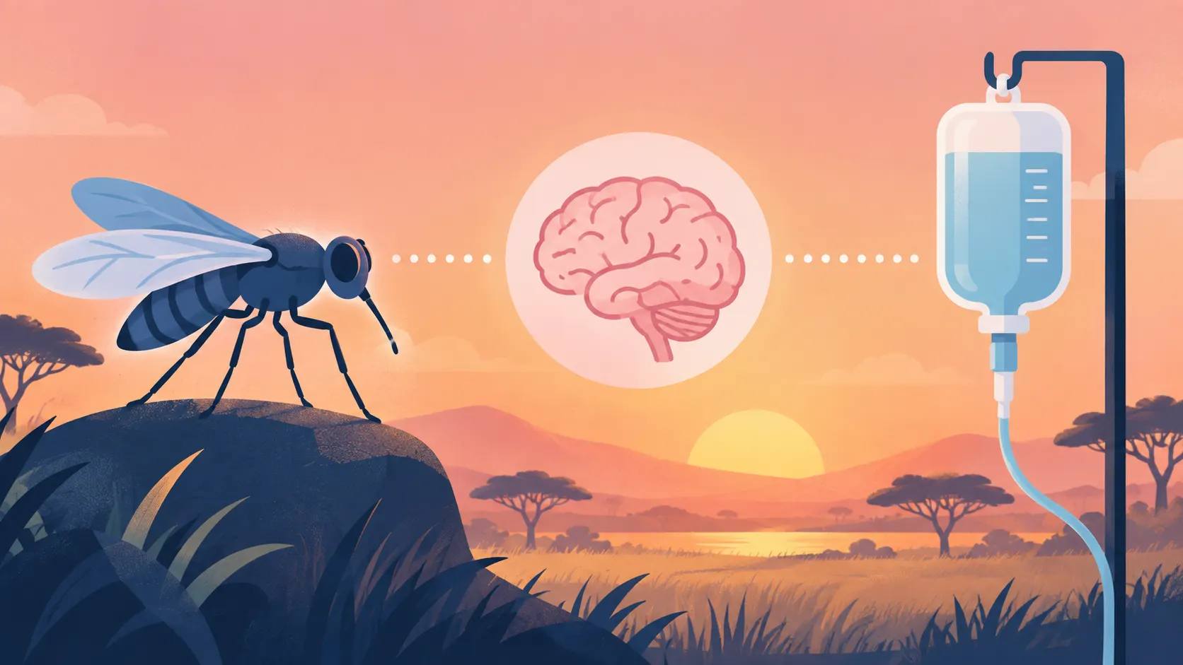 Tsetse fly, brain and IV drip representing eflornithine treatment for sleeping sickness