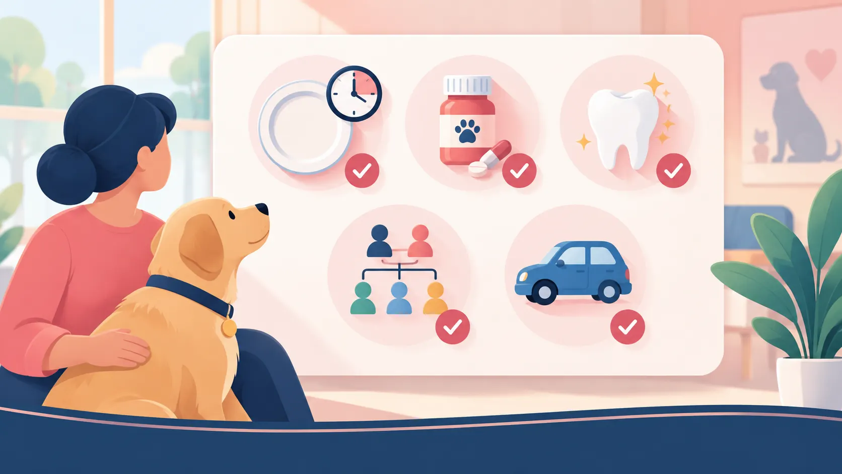 Checklist icons for fasting, medicines, teeth, family history and a ride home before anesthesia