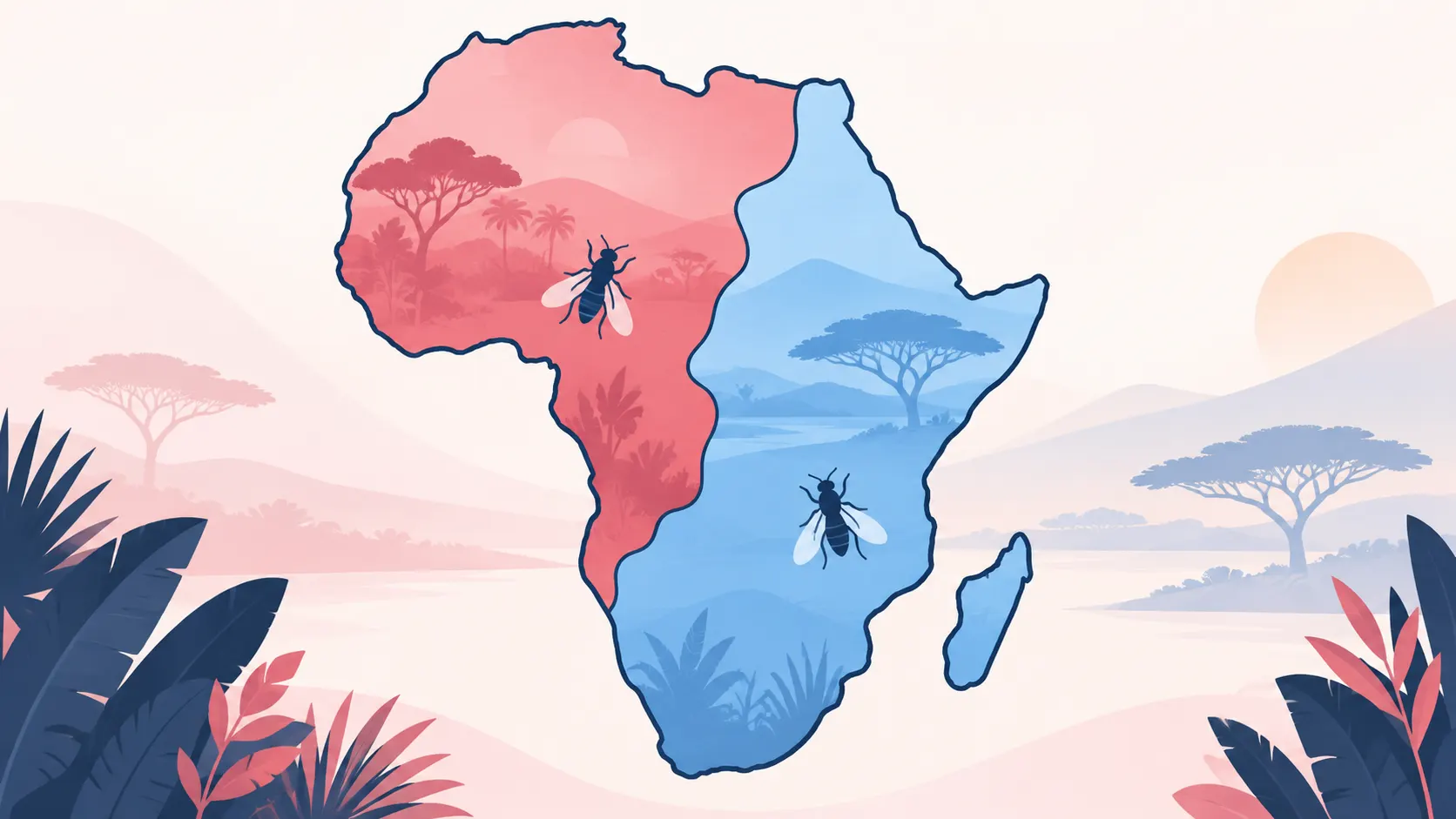 Map of Africa split into the western and central region and the eastern and southern region for the two forms of sleeping sickness