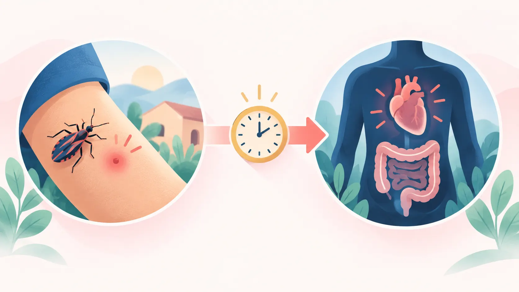 Timeline of the early and long-term phases of Chagas disease affecting the heart and digestive tract