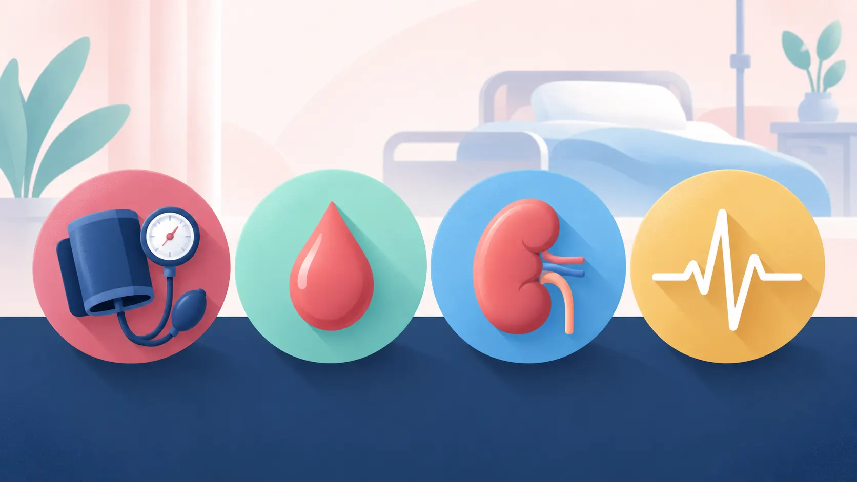 Icons for blood pressure, blood glucose, kidney and ECG monitoring during Pentam treatment