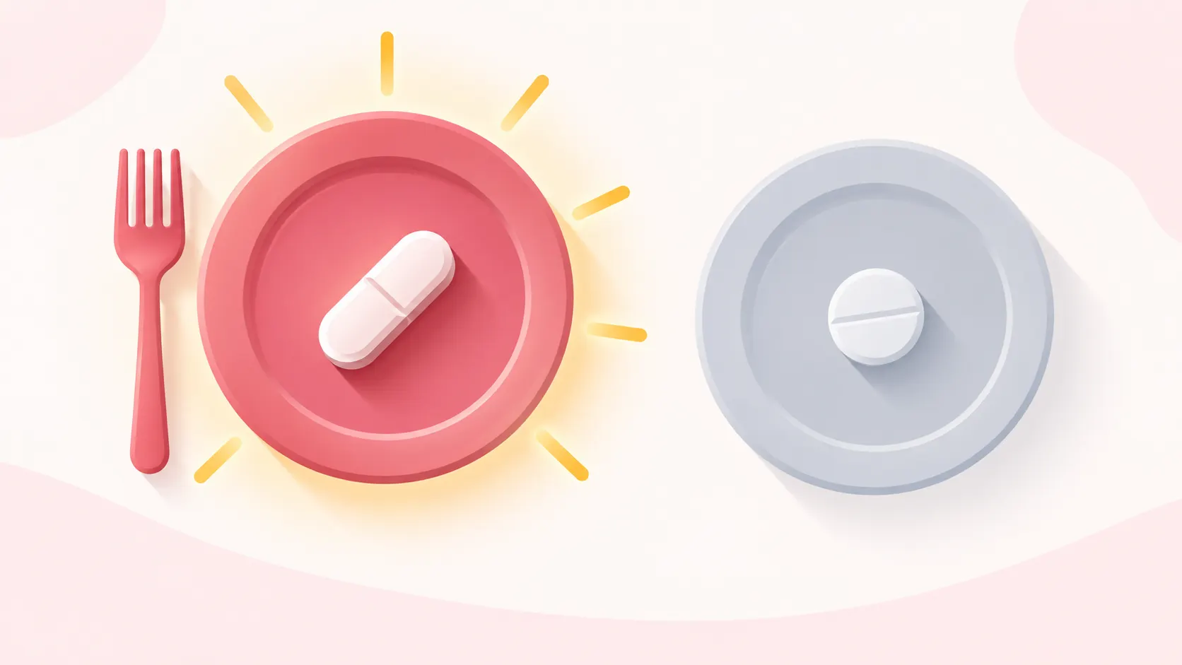 Plate with tablet showing Viibryd food requirement compared to no food rule